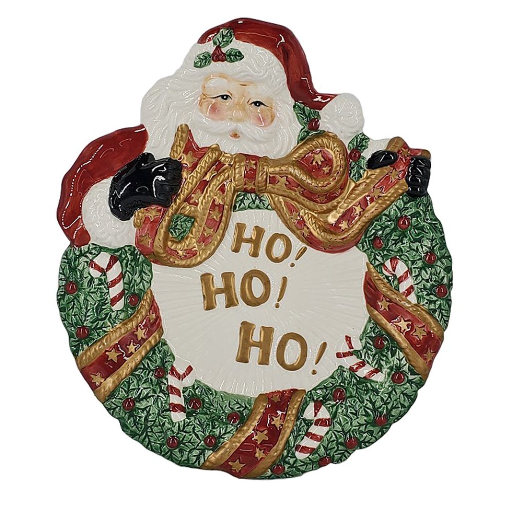 Fitz & Floyd Ho Ho Ho Santa Christmas Wreath Canape Cookie Plate Dish Plaque